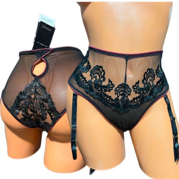 BLUEBELLA Mara High Waist Suspender Brief mesh Floral Appliqué Garter Black S - Picture 3 of 11
